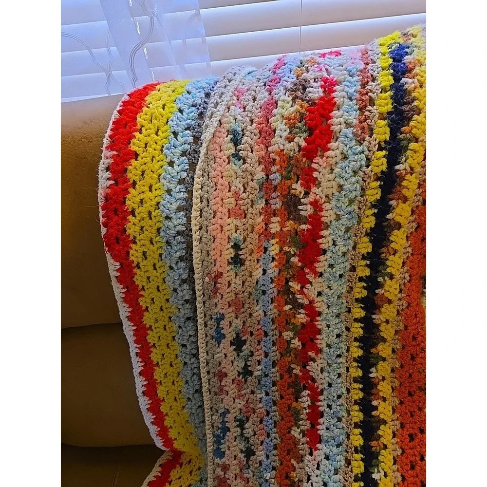 Vtg Crochet Blanket Throw Handmade Granny Stripe Multicolor Boho 56x47 Afghan